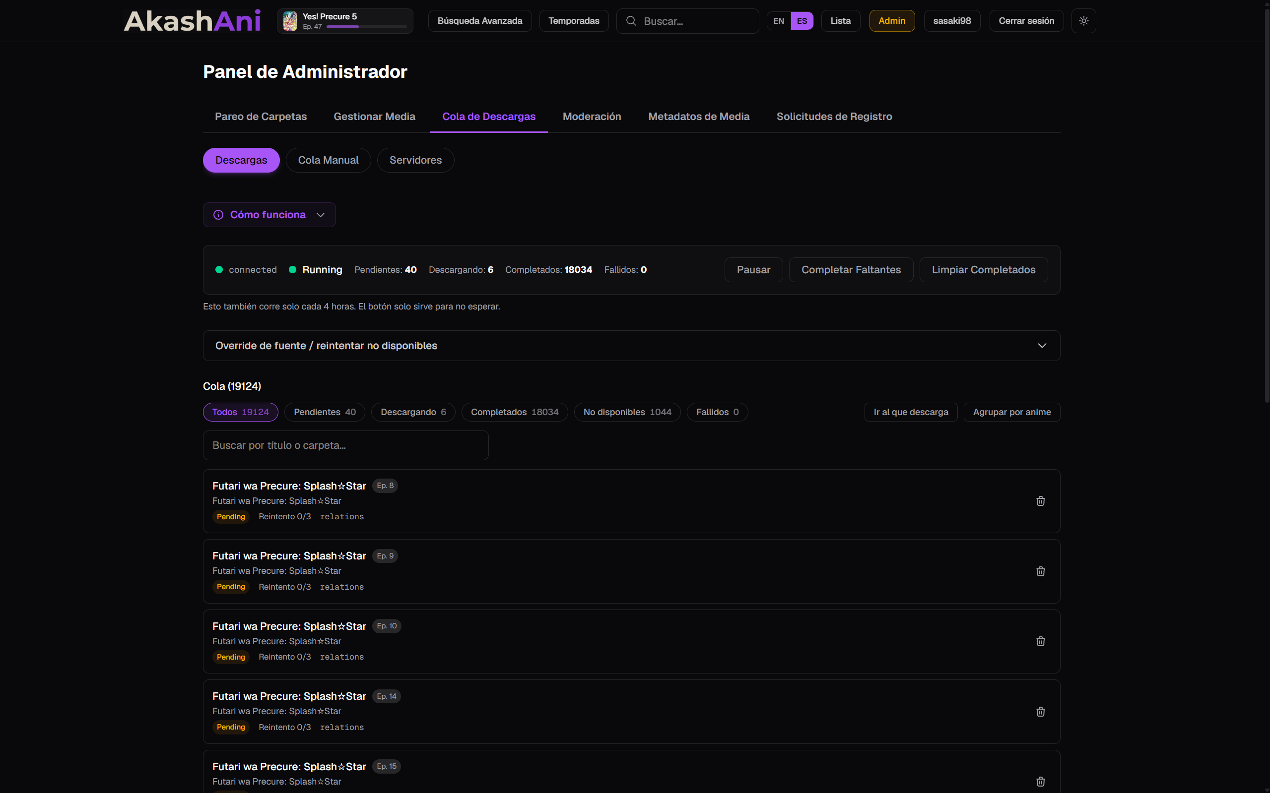 Panel de administración de la cola de descargas